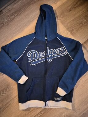 Vintage LA Dodgers X MLB Men's Navy Hooded Zip Up with Contrast Trim Medium